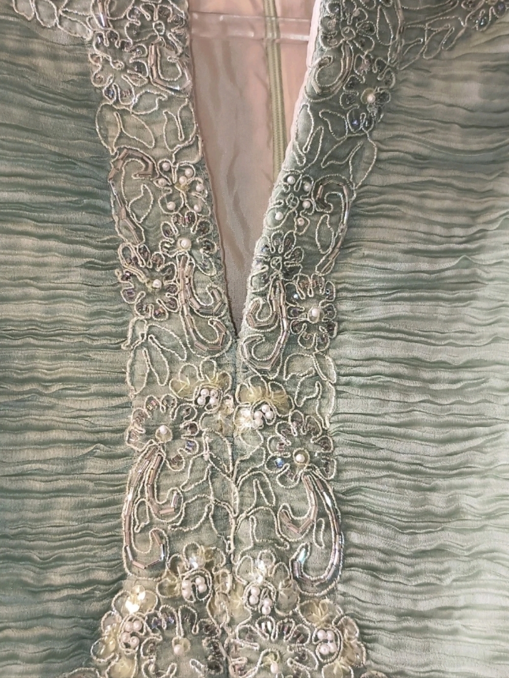 Vtg Victor Costa Beaded Gown Sage Green Pleated Chiffon Formal Maxi Size 16 READ - Picture 6 of 13
